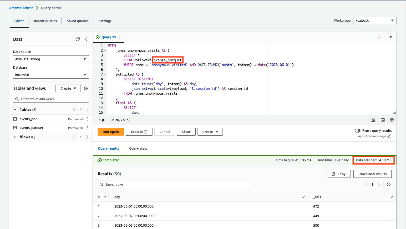 4.19 MB of data scanned when using the events_parquet table.