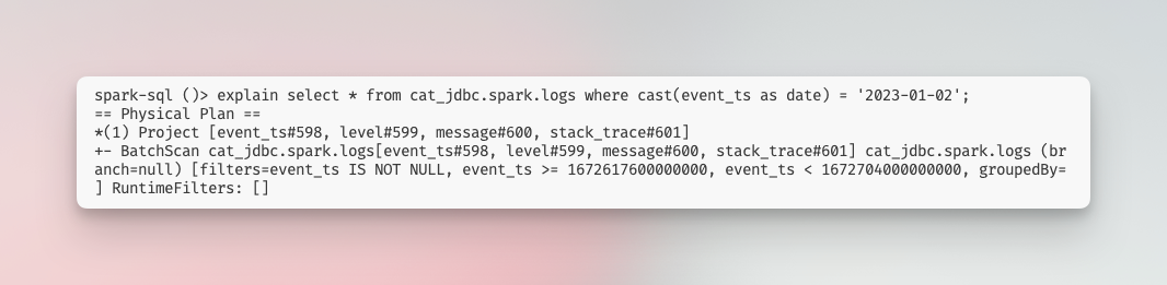 Unfortunately, the query plan in Spark does not initially appear informative enough to confirm if predicate pushdown is effectively applied. However, a discussion in this thread suggests that if the BatchScan operation is configured with the filters attribute, the feature is functioning as intended.